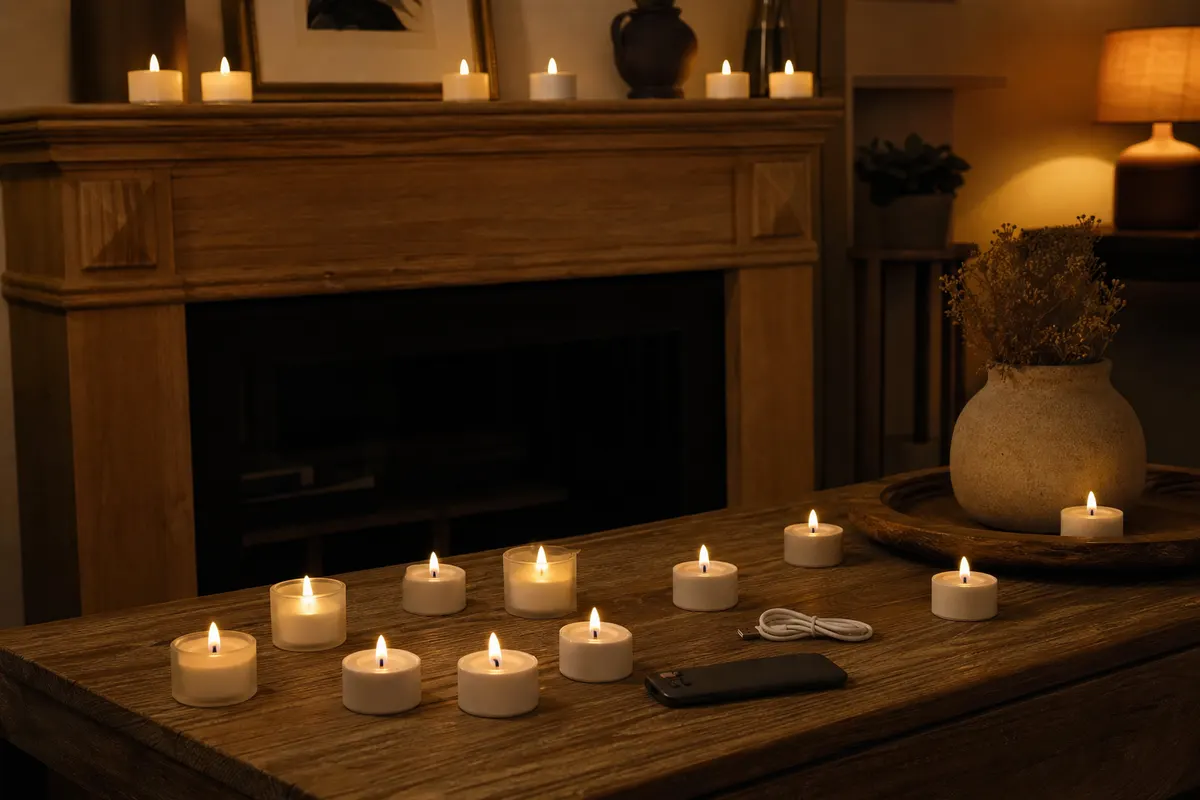 Douze bougies LED rechargeables à mèche noire allumées sur un manteau de cheminée et une table basse, le soir