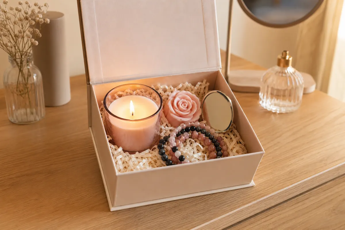 Coffret ouvert avec bougie lavande allumée, bracelet de perles, savon en forme de rose et miroir sur une coiffeuse