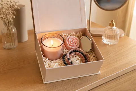 Coffret ouvert avec bougie lavande allumée, bracelet de perles, savon en forme de rose et miroir sur une coiffeuse