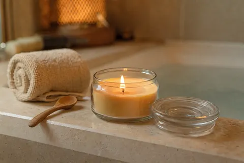 Bougie de massage au caramel en pot de verre allumée sur un rebord de baignoire, couvercle posé à côté