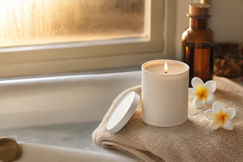 Bougie de massage blanche allumée et son couvercle sur une serviette pliée au bord d'une baignoire