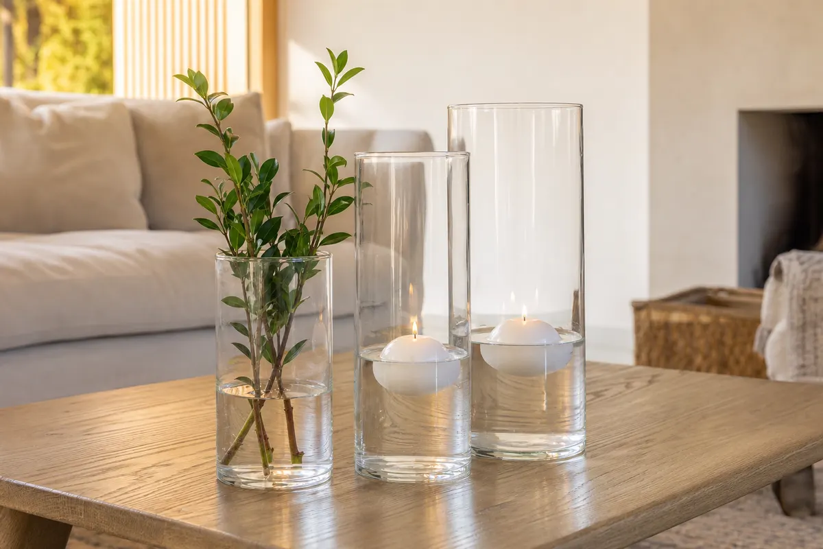 Trois cylindres en verre de hauteurs différentes avec bougies flottantes allumées sur une table basse