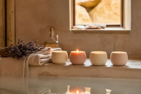 Petites bougies parfumées sur un rebord de baignoire en pierre, une flamme allumée près de lavande séchée