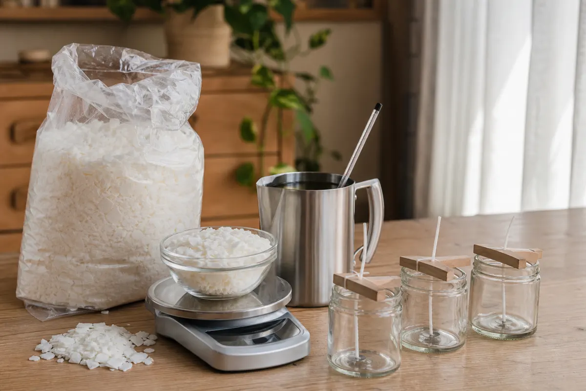 Flocons de cire de soja, pichet de coulée et pots en verre avec mèches sur une table de cuisine
