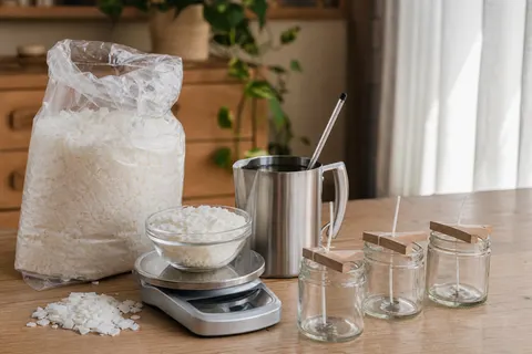 Flocons de cire de soja, pichet de coulée et pots en verre avec mèches sur une table de cuisine
