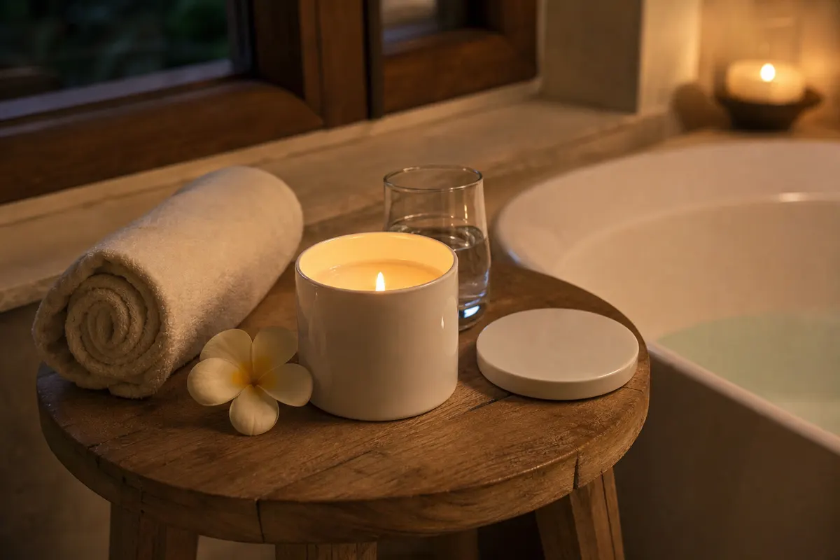 Pot blanc de bougie de massage au monoï, flamme allumée, sur un tabouret en teck près d'une baignoire
