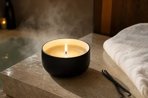 Pot noir de bougie de massage à la vanille, cire fondue et flamme, sur une tablette de marbre clair