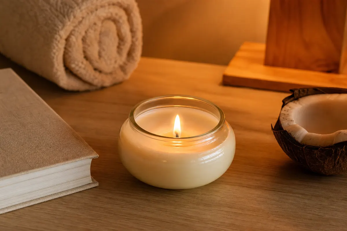 Petit pot de bougie de massage à la coco, flamme allumée, sur une table de chevet en bois clair
