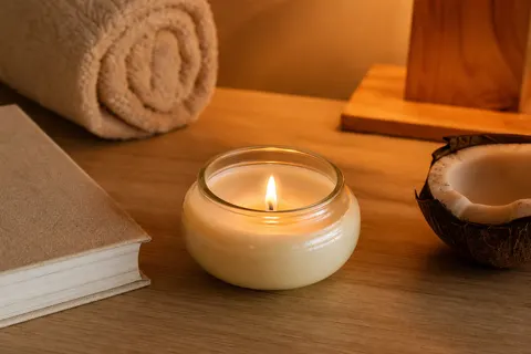 Petit pot de bougie de massage à la coco, flamme allumée, sur une table de chevet en bois clair