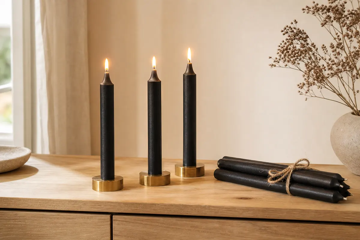 Sept bougies bâtons noires de 11 cm sur une commode en chêne, trois allumées dans des bougeoirs en laiton