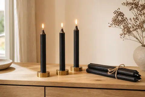 Sept bougies bâtons noires de 11 cm sur une commode en chêne, trois allumées dans des bougeoirs en laiton