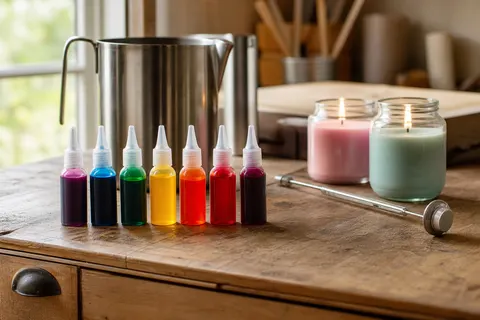 Sept flacons de colorant liquide pour bougies sur un établi, avec pichet de coulée et bougies colorées