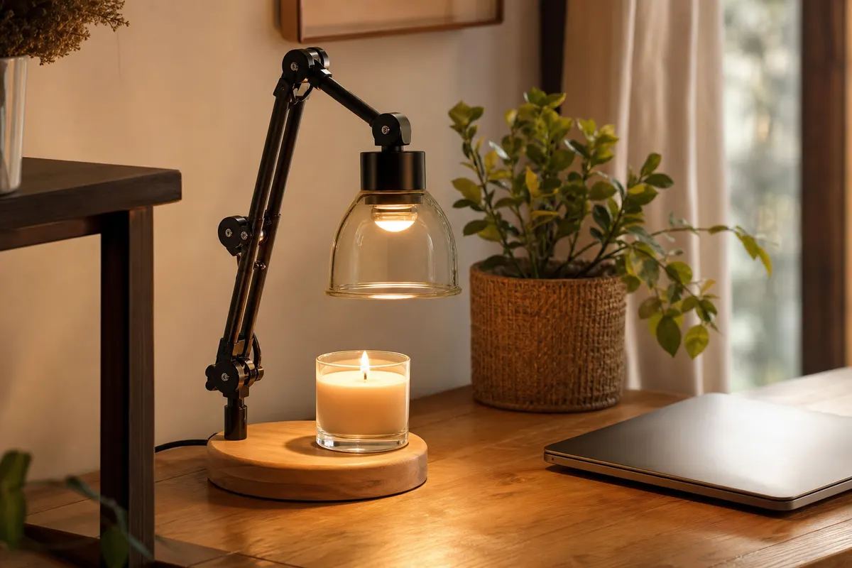 Lampe chauffe-bougie en métal noir éclairant une bougie en pot posée sur un bureau en bois clair