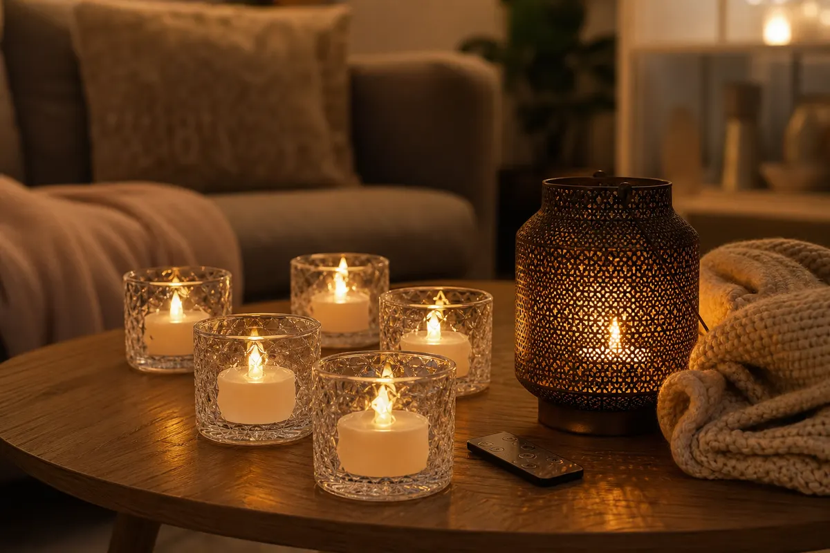 Bougies chauffe-plat LED allumées dans des photophores en verre gravé sur une table basse en bois