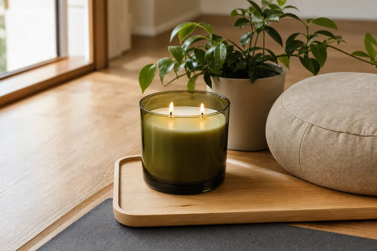 Bougie en pot de verre vert à deux mèches allumées sur un plateau en bois près d'un tapis de yoga