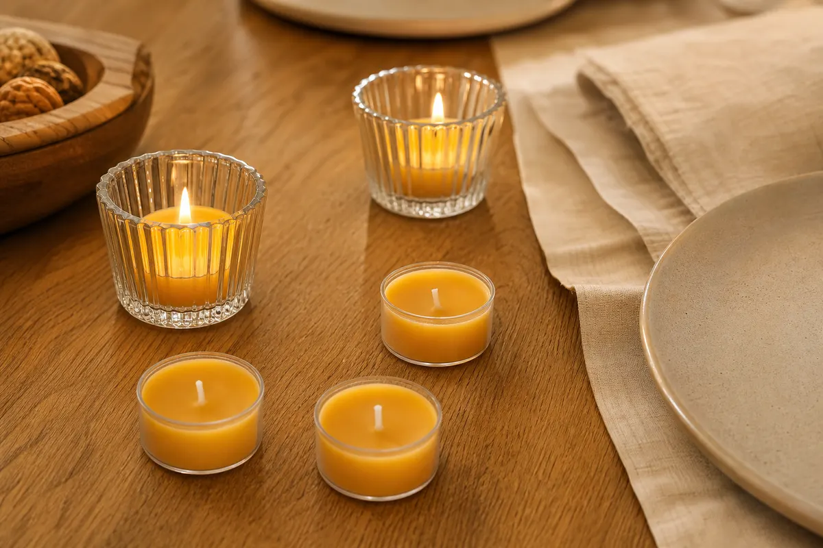 Bougies chauffe-plat en cire d'abeille dans des photophores en verre sur une table en chêne