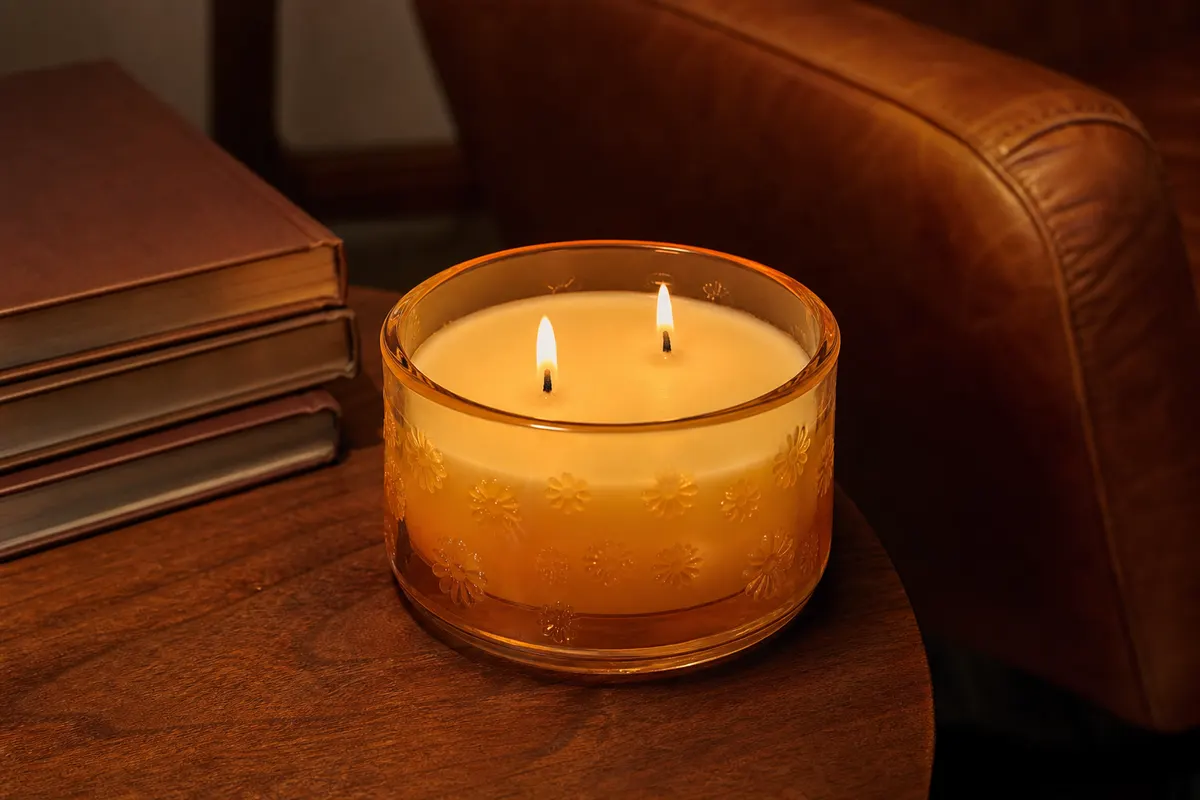 Grande bougie en pot de verre à deux mèches allumées, posée sur un bureau en noyer près de livres reliés