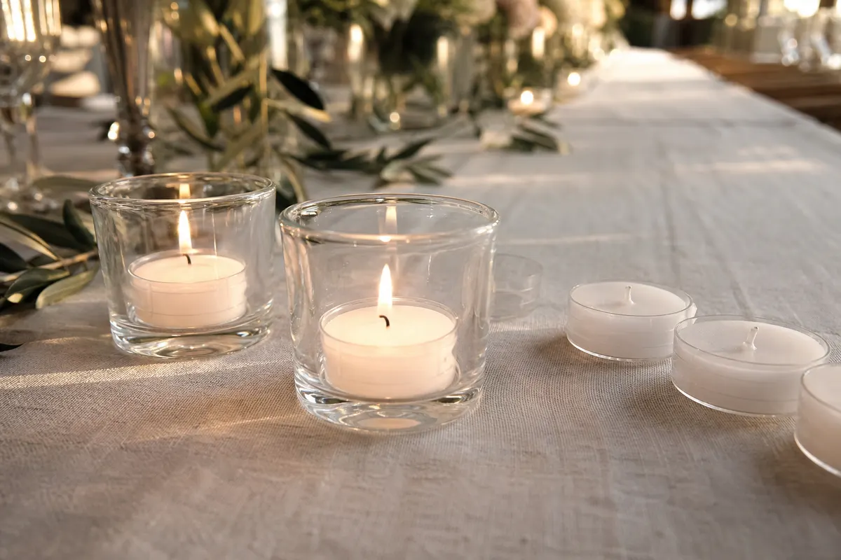 Bougies chauffe-plat à godet transparent allumées dans des photophores en verre sur une table de réception