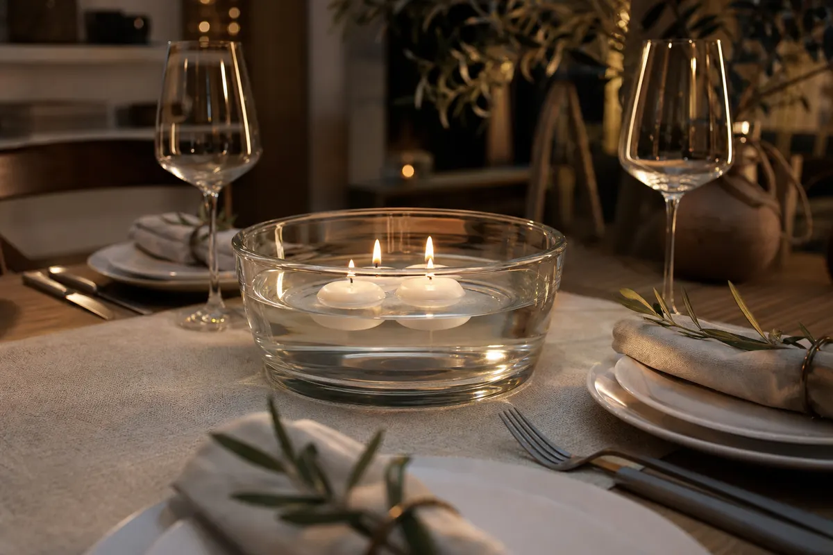 Trois bougies flottantes blanches allumées sur l'eau d'une coupe en verre au centre d'une table de dîner