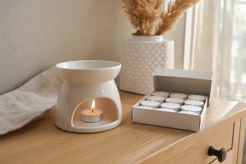 Bougies chauffe-plat standard en godet aluminium posées près d'un brûle-parfum en céramique blanche