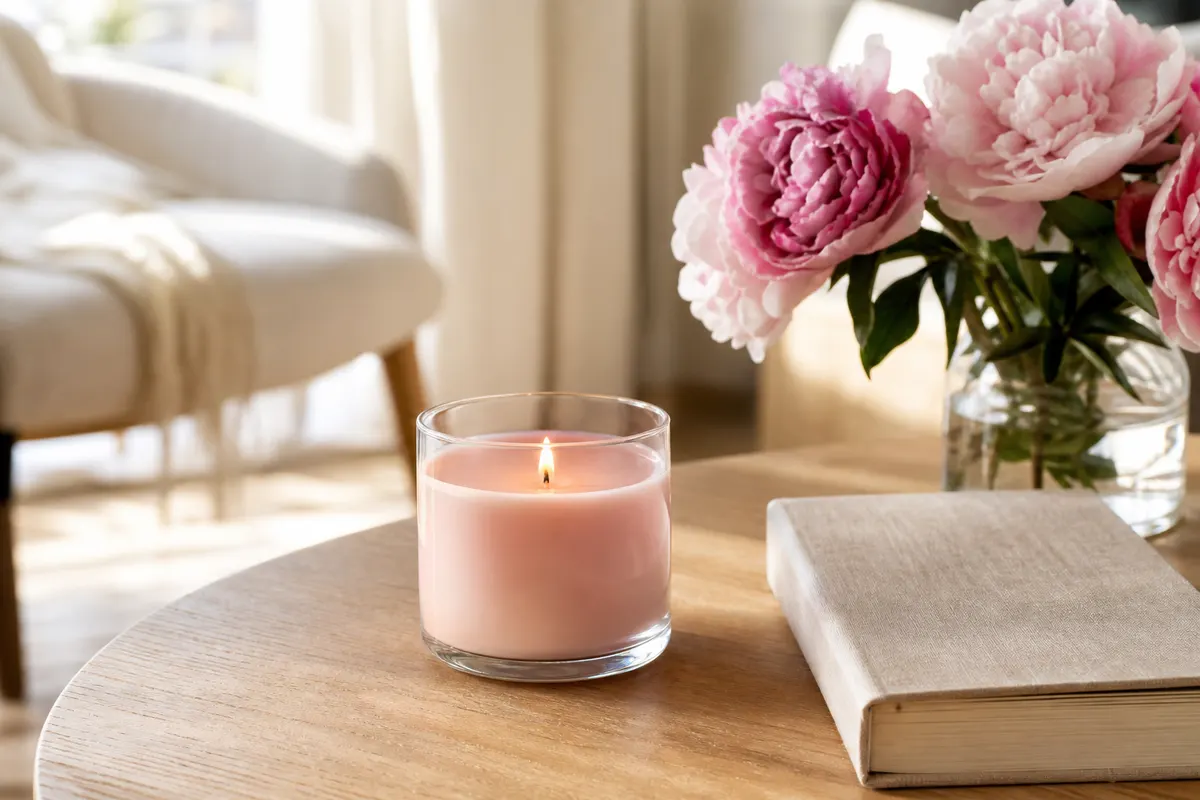 Bougie parfumée rose pâle allumée dans un pot en verre large, sur une table basse près de pivoines