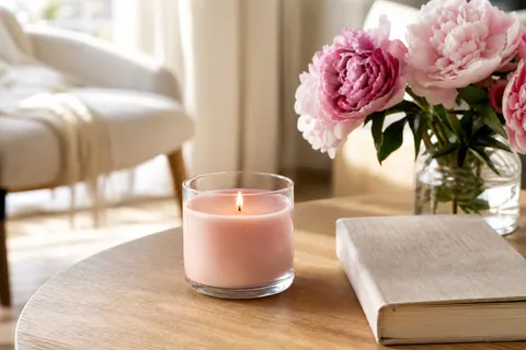 Bougie parfumée rose pâle allumée dans un pot en verre large, sur une table basse près de pivoines