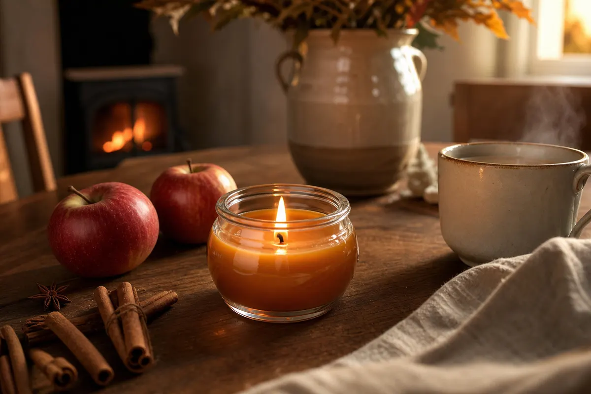 Petite bougie ambrée allumée dans un pot en verre, sur une table en bois près de pommes et de cannelle