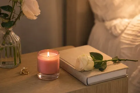 Petite bougie parfumée dans un pot en verre rose dégradé, allumée sur une table de chevet près d'une rose