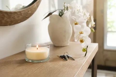 Petite bougie en pot de verre allumée sur une console en bois avec des orchidées blanches