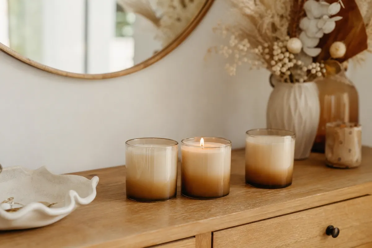 Trois petites bougies parfumées en pot de verre dégradé sur une console d'entrée, une flamme allumée