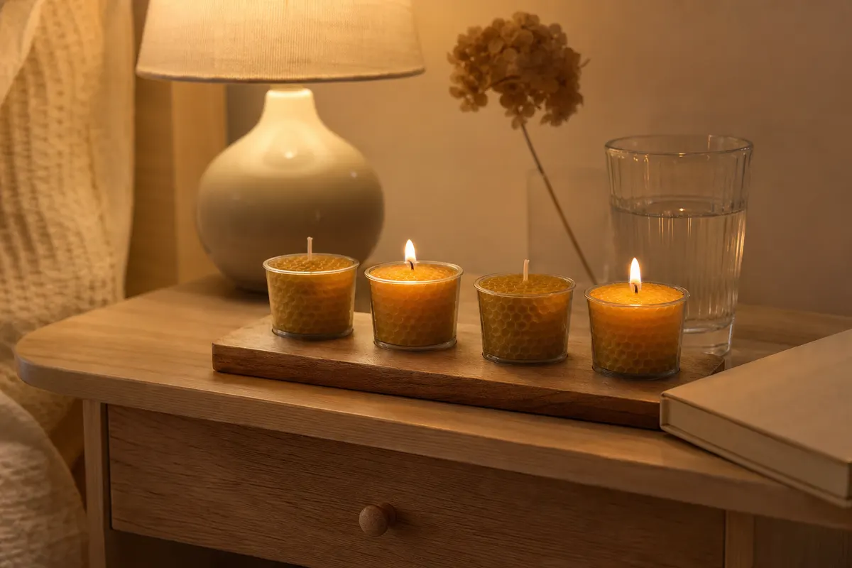Quatre bougies votives en cire d'abeille dans leurs godets sur un plateau en bois, deux flammes allumées