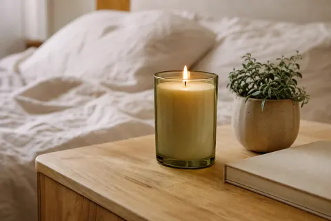 Bougie parfumée au bambou en pot de verre beige allumée sur une table de chevet en bois clair