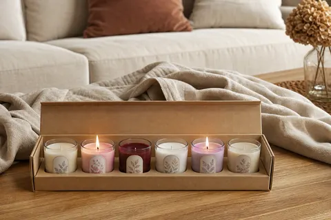 Coffret ouvert de six bougies votives en verre aux cires colorées, dont deux allumées, sur une table basse en bois