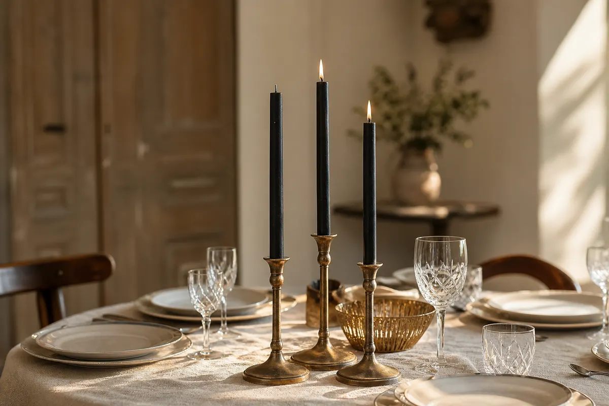 Trois chandelles noires de 25 cm dans des bougeoirs en laiton sur une table de repas en chêne
