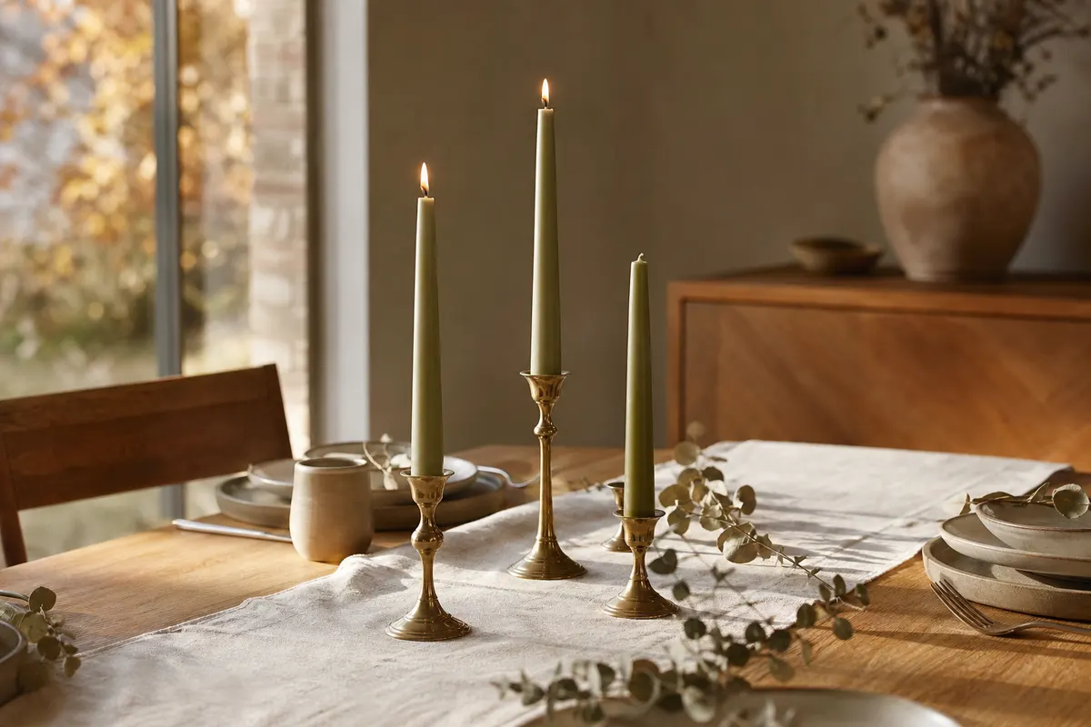 Bougies coniques vert mousse de 25 cm allumées dans des chandeliers en laiton sur une table en chêne