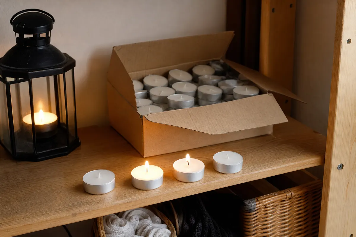 Bougies chauffe-plat blanches en godet aluminium sorties de leur carton, deux allumées près d'une lanterne