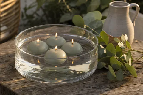 Quatre bougies flottantes gris vert allumées dans une coupe en verre sur une table de jardin en bois