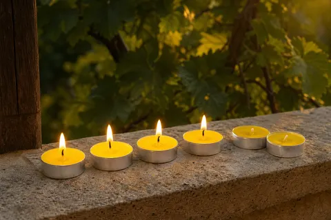 Chauffe-plats jaunes à la citronnelle en coupelle aluminium alignés et allumés sur un muret de terrasse