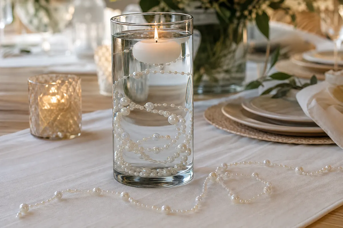 Guirlandes de perles blanches dans un vase en verre rempli d'eau avec une bougie flottante allumée