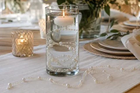 Guirlandes de perles blanches dans un vase en verre rempli d'eau avec une bougie flottante allumée