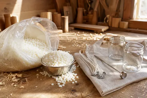 Sachet de perles de cire de soja ouvert sur un établi, bol en inox, mèches et pots en verre prêts à couler