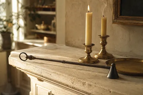 Éteignoir rétro au long manche posé sur une cheminée près de deux chandelles dans des bougeoirs en laiton