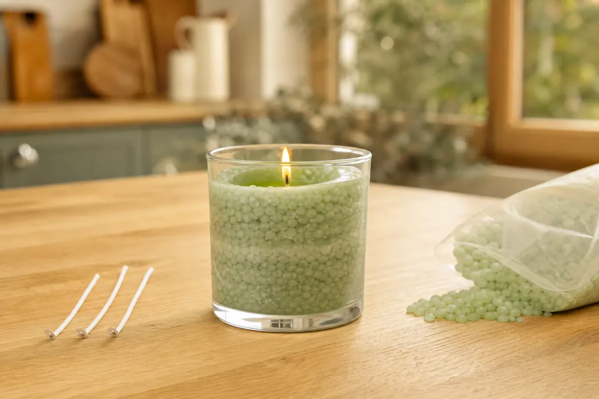 Verre rempli de sable de cire vert clair avec mèche allumée, sachet de granulés posé à côté