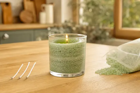 Verre rempli de sable de cire vert clair avec mèche allumée, sachet de granulés posé à côté