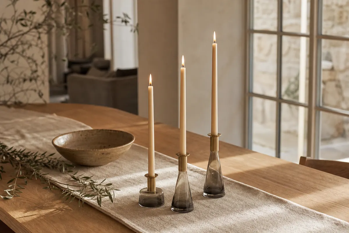 Trois chandelles beige sable allumées dans des bougeoirs de hauteurs variées sur une table en chêne
