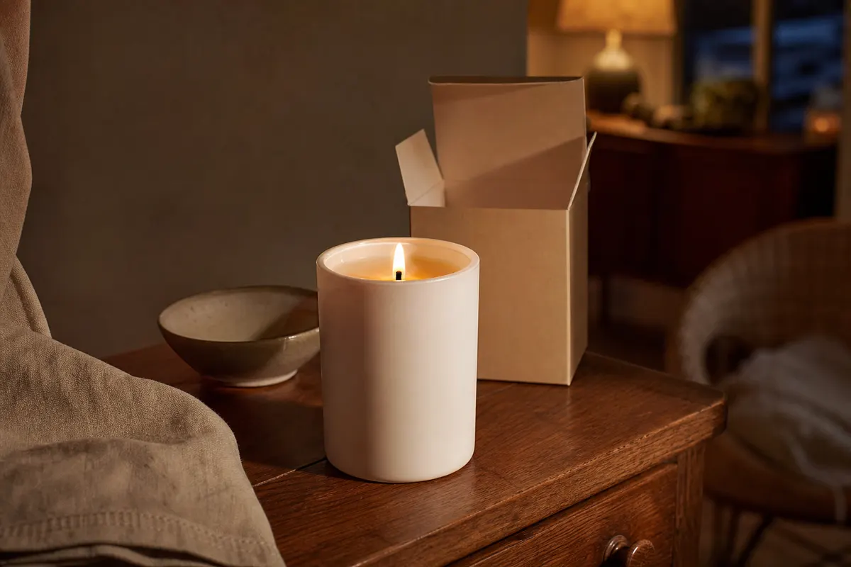 Pot blanc de bougie de massage ambre vanille allumé devant sa boîte, sur une commode en noyer