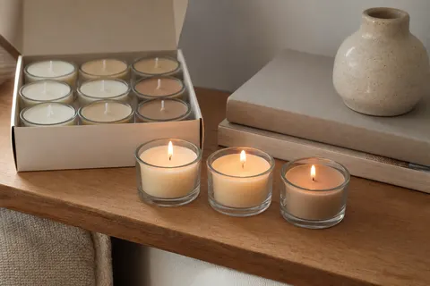 Bougies chauffe-plat parfumées à la vanille en trois nuances beige allumées dans des verres sur une étagère