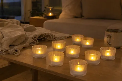 Bougies chauffe-plat LED blanches allumées dans des photophores en verre sur une table basse en bois