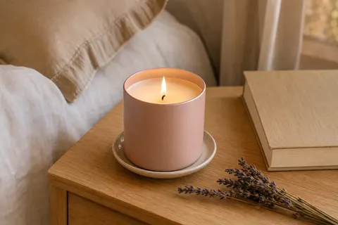 Bougie parfumée en pot de métal rose allumée sur une table de chevet avec un brin de lavande