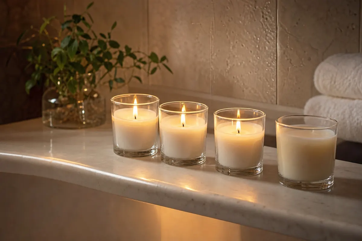 Trois bougies votives en verre allumées et un petit gobelet parfumé sur le rebord de marbre d'une baignoire